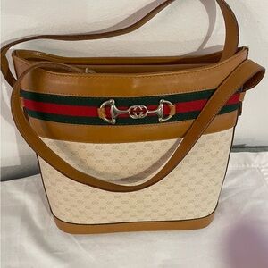 Gucci Brown and Cream Monogram Shoulder Bag with Gold Accents